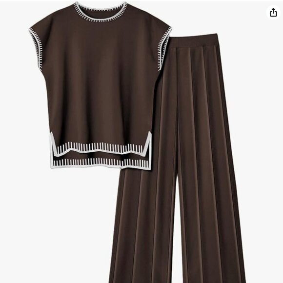 Brown two piece knit set with white whipstitch trim - Picture 2 of 7